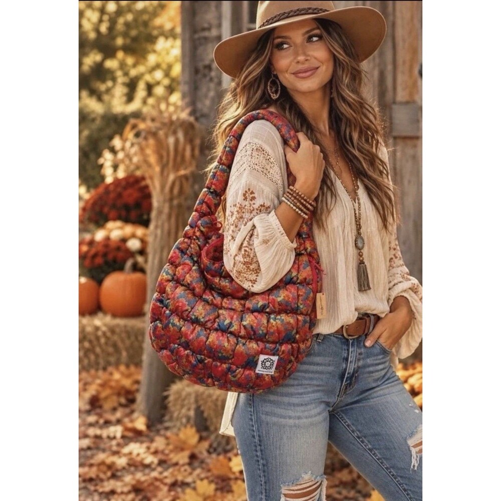 Natural Life Puffy Fit It All Purse Bag Large Floral Garden Cottagecore Velvet